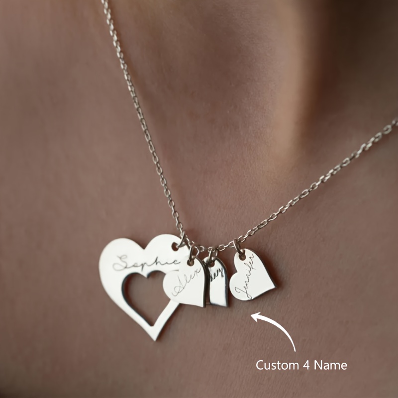 Personalized 4pcs English Names Heart Pendant Necklace, 18K Gold Plated